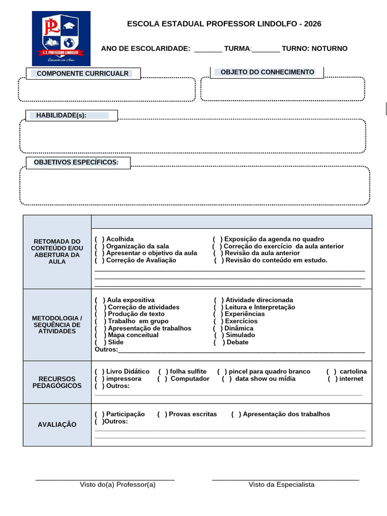 Modelo de Plano de Aula 2026 | PDF
