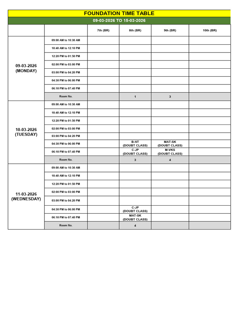 Boring Road Foundation Time Table Foundation 09-03-2026 To 15-03-2026 | PDF