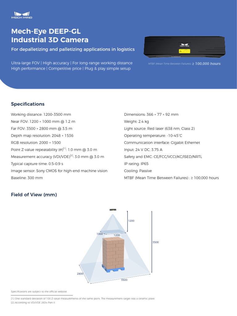 Mech-Eye DEEP-GL Industrial 3D Camera | PDF | Field Of View | Imaging