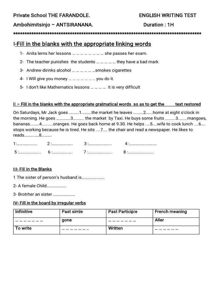 Writing Test 4th | PDF