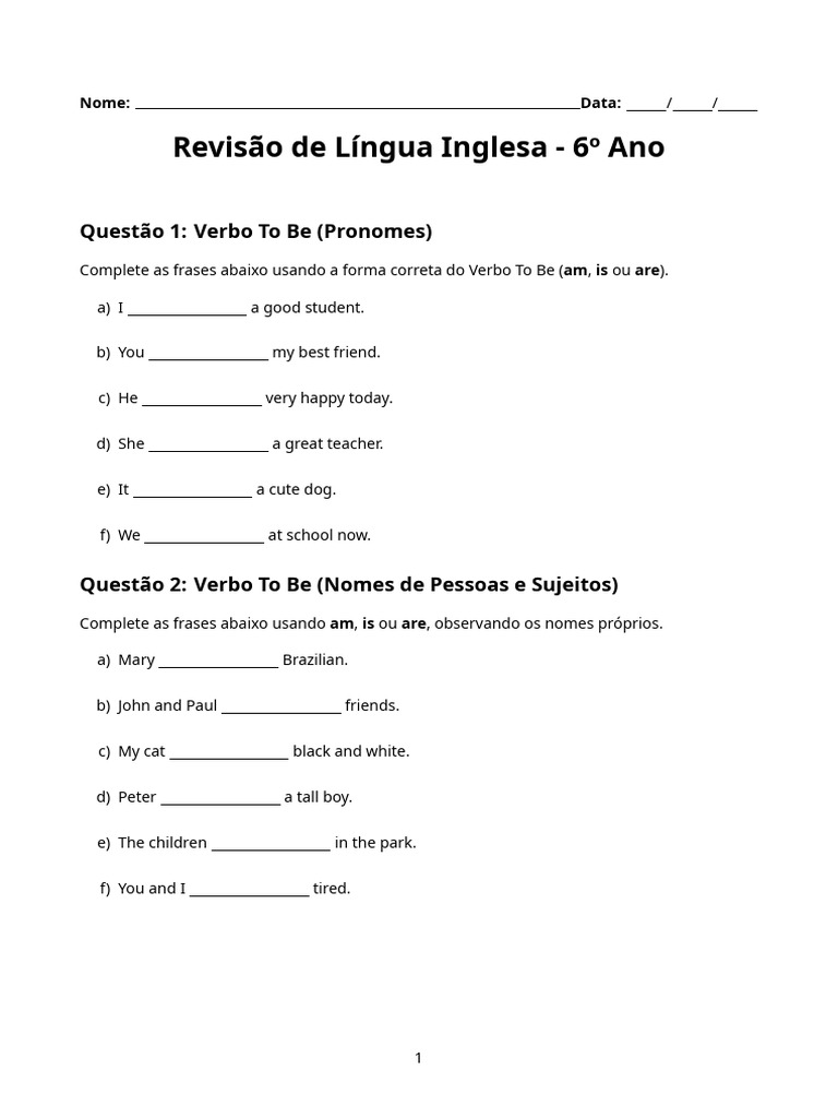 Revisão de Inglês - 6º Ano | PDF