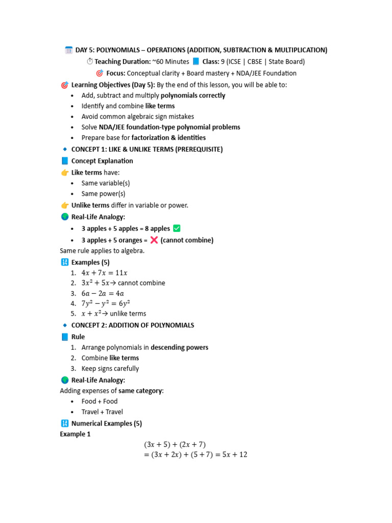 5. Operation of Polynomials | PDF | Subtraction | Polynomial