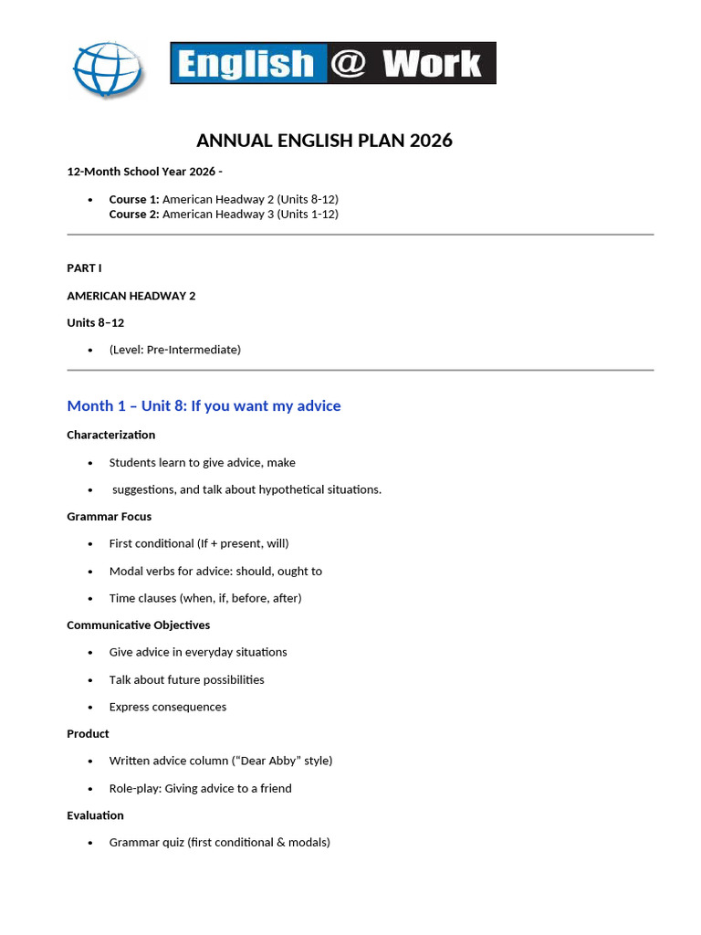 Annual English Plan 2026 English at Work | PDF | Verb | Grammatical Tense