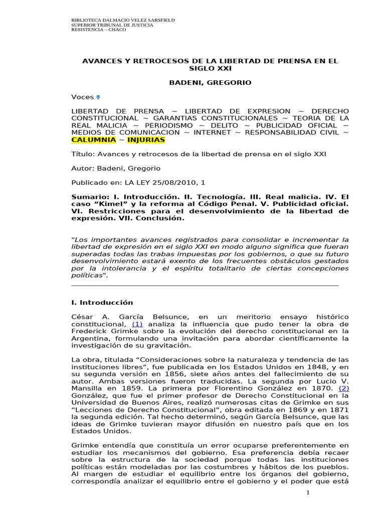 BADENI, Gregorio - Avances y retrocesos de la libertad de prensa en el ...