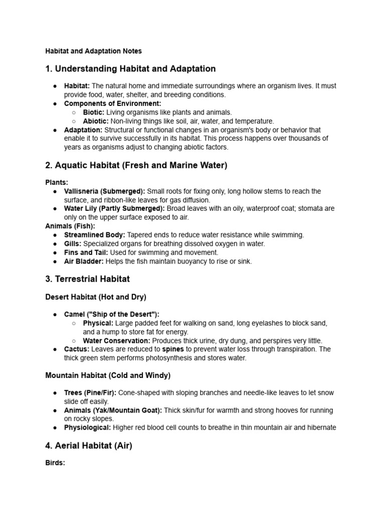 Habitat and Adaptation Notes | PDF | Habitat | Leaf