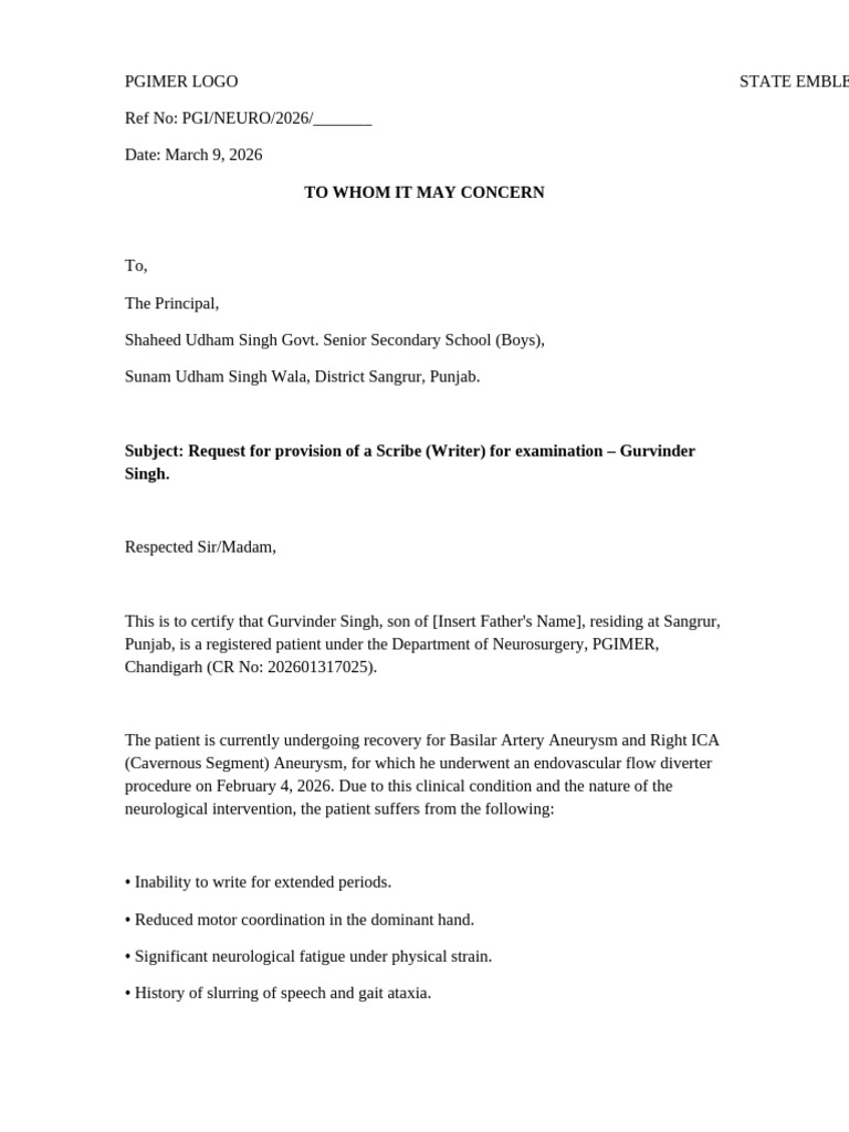 PGIMER Scribe Request Letter | PDF