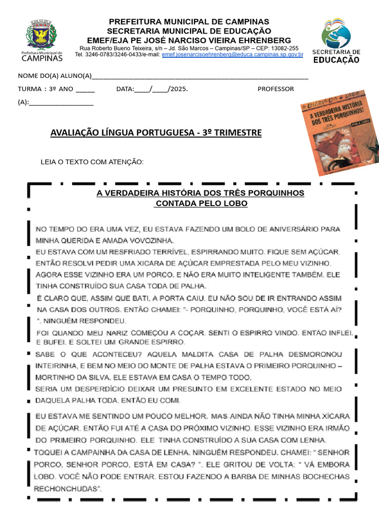 Avaliação de Língua Portuguesa - 3º Ano Do Fund.1 | PDF