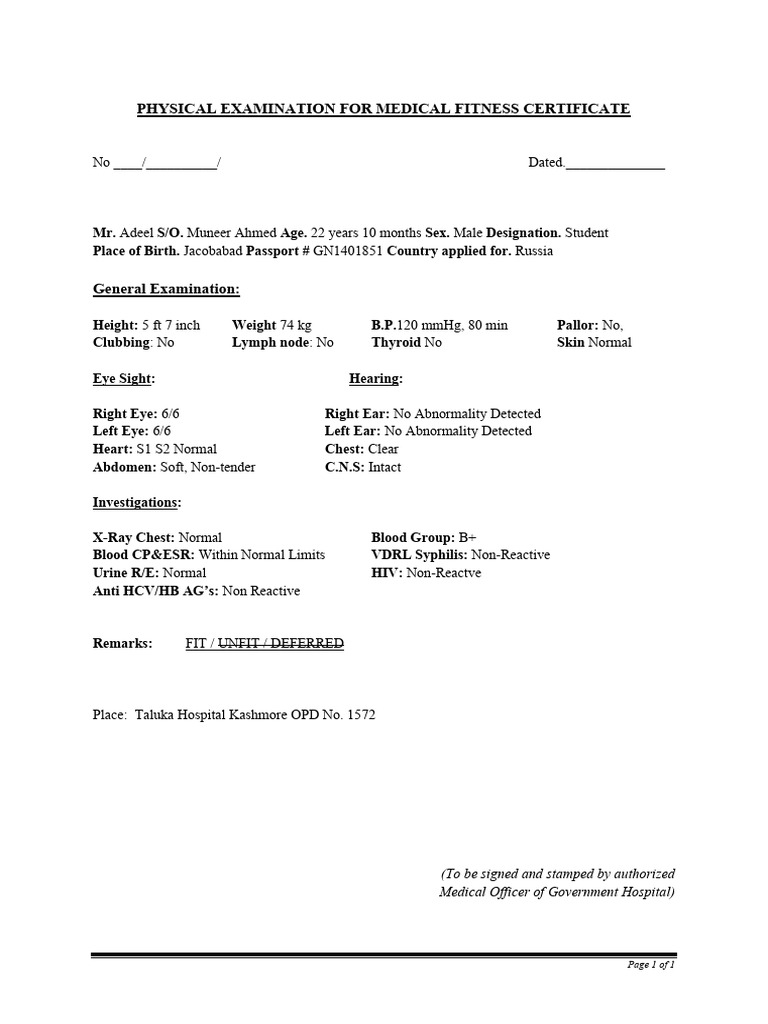 Adeel Proforma For Medical Certificate | PDF