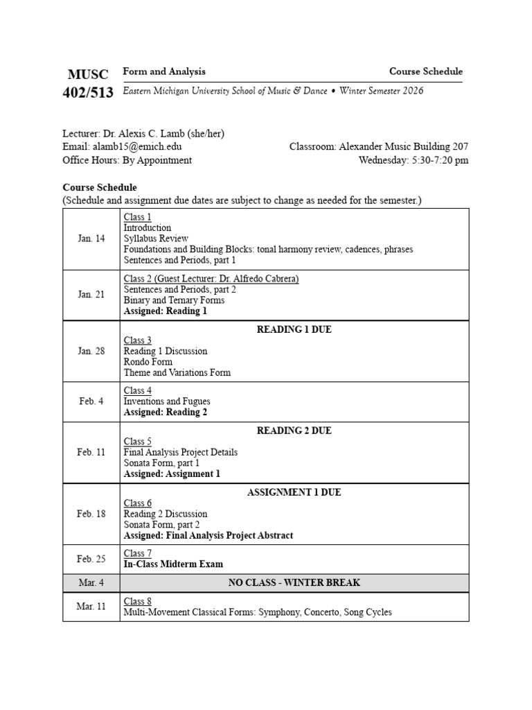 Form and Analysis Course Calendar STUDENT VERSION 1.10.2026 | PDF ...