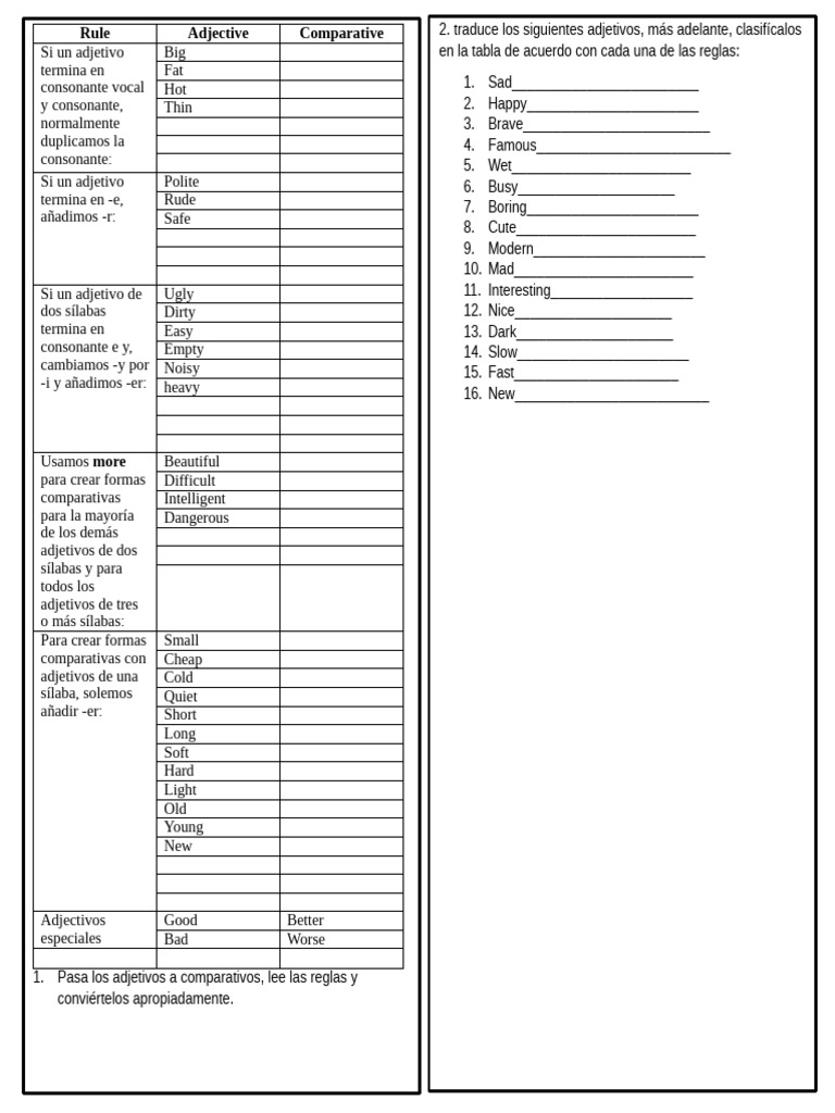 Comparative Adjetives Task 10th | PDF