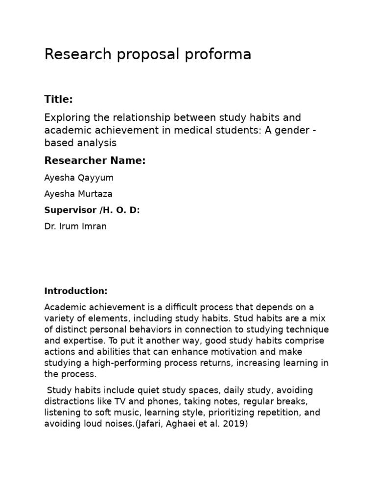 Research Proposal Proforma | PDF | Habits | Medical School