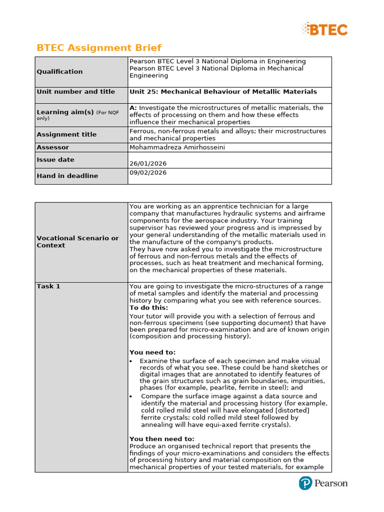 Unit 25 Learning Aim A Assignment 1 Brief | PDF | Microstructure | Steel