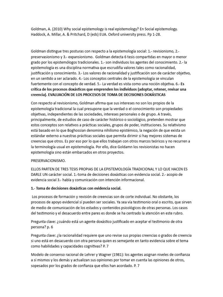 Notas Al Texto Goldman Is Social Epistemology Real Epistemology | PDF ...