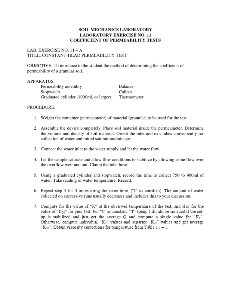 Soil Mechanics Labmanual 11 | PDF | Soil Mechanics | Permeability ...