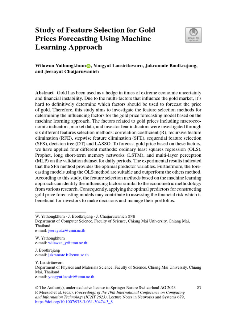 Study of Feature Selection For Gold Prices Forecasting Using Machine ...