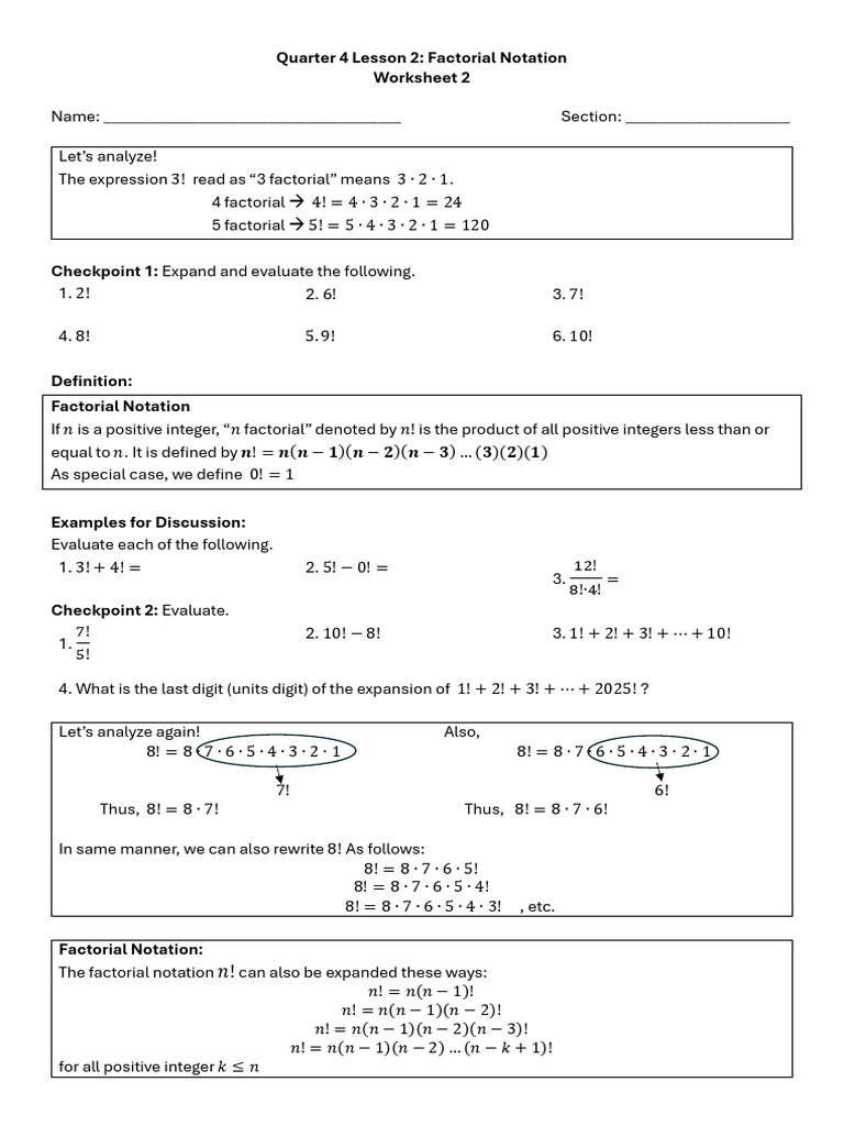 Math 10 Q4 Worksheet 2 Lesson 2 Factorial Notation | PDF