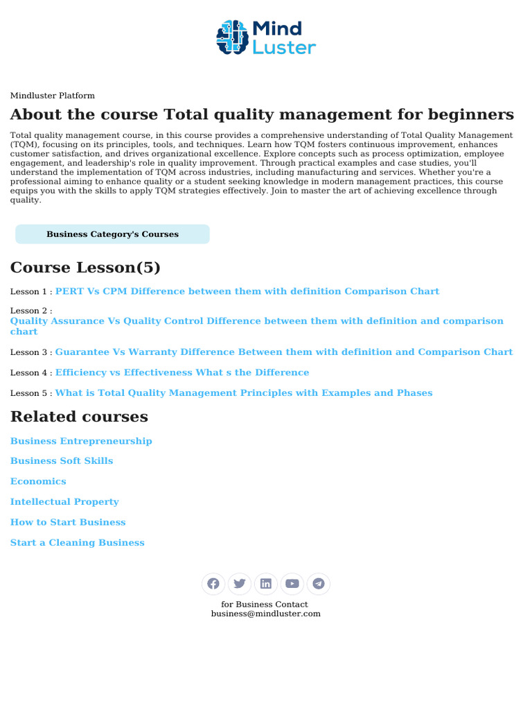 Total Quality Management For Beginners Course Content | PDF