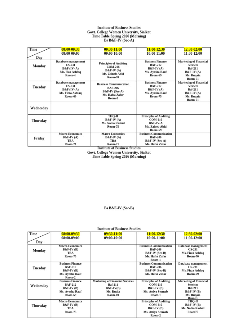 B&F - Class Wise Time Table | PDF