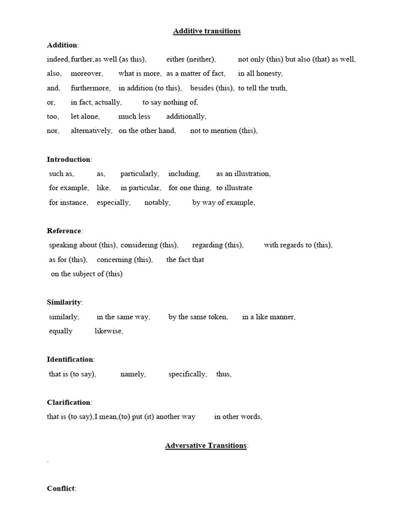Transitions Words List | PDF | Logic