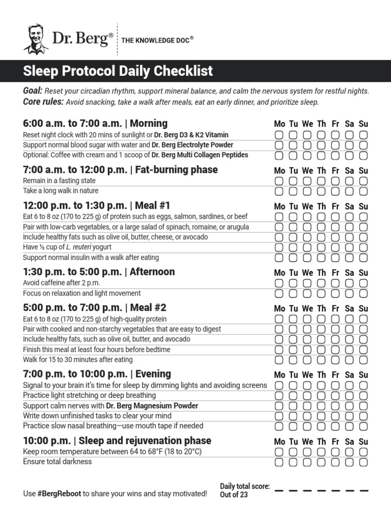 Sleep Protocol Daily Checklist | PDF | Sleep | Meal