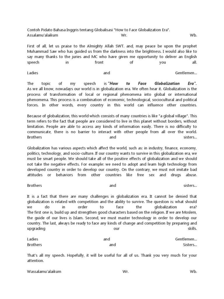 Contoh Pidato Bahasa Inggris Tentang Globalisasi