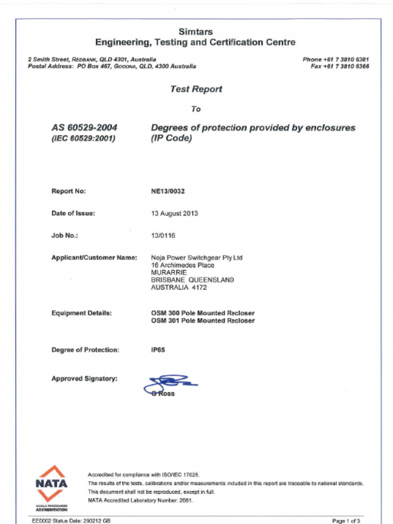 OSM 300 Series - Degrees of Protection IP65 IEC 60529 Type Test Report ...