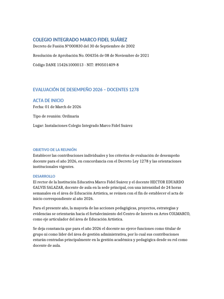 Acta de Inicio 2026 Hector Galvis | PDF | Evaluación | Maestros