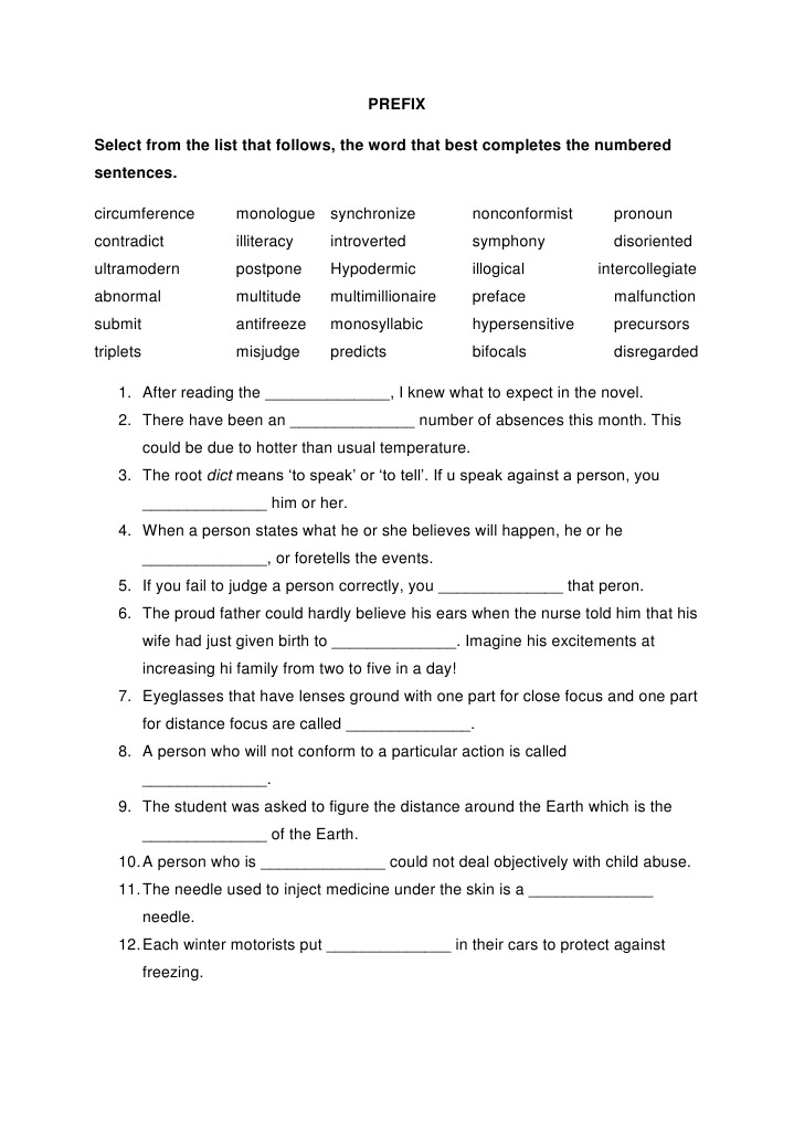 Prefix Quiz Completion Exercise | PDF