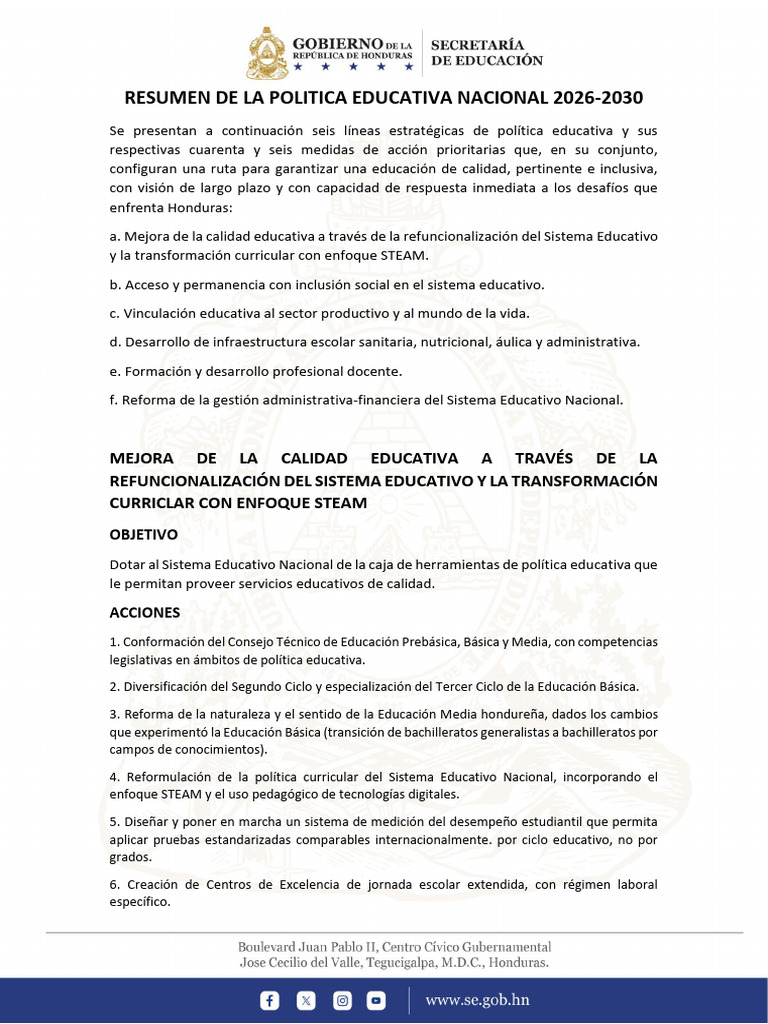 Resumen de La Politica Educativa Nacional 2026 | PDF | Educación de la ...