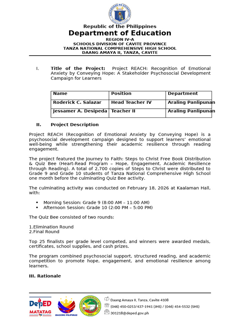 Project Reach Proposal 2026 | PDF | Learning | Psychological Resilience