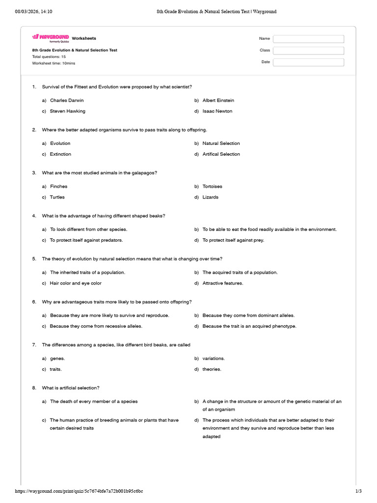 8th Grade Evolution & Natural Selection Test - Wayground | PDF ...