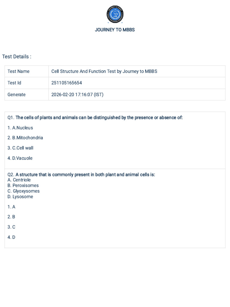 Cell Structure and Function Test Without Keys by Journey to Mbbs | PDF
