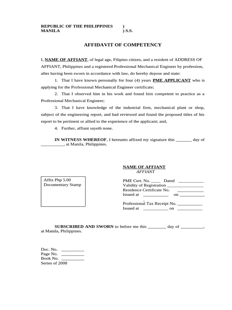 Affidavit of Competency Sample 1 | PDF