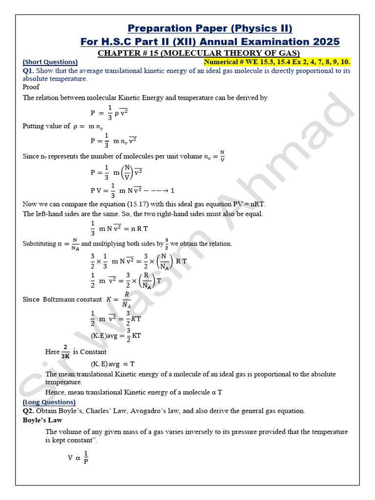 SOLVED XII Physics Preparation Paper 2025 FINAL | PDF | Gases | Entropy