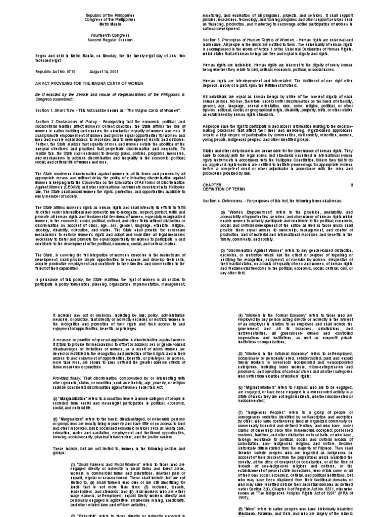 Magna Carta of Women Act | PDF | Human Rights | Gender Equality