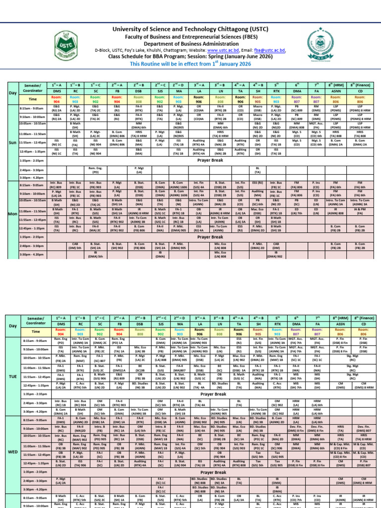 BBA Class Schedule -2026 | PDF | Academia