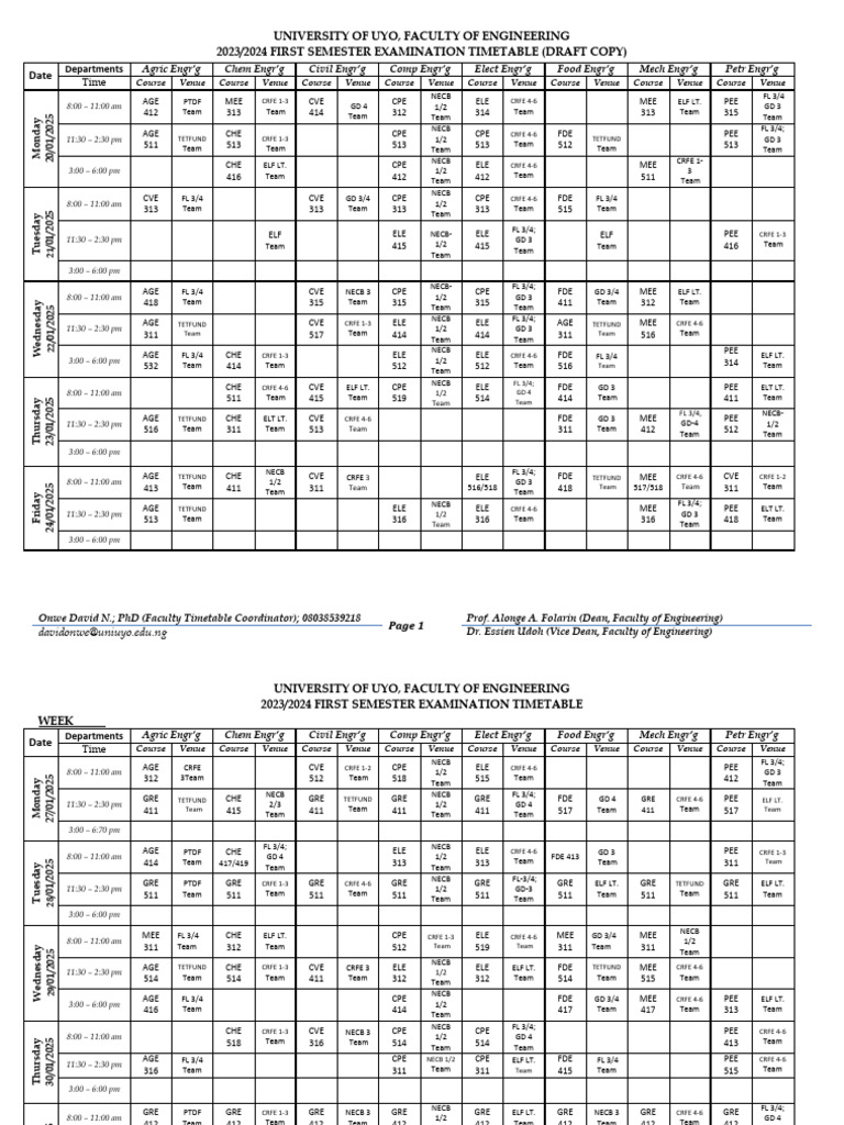 2023-2024 First Semester Exam Timetable - Faculty of Engineering-1 | PDF