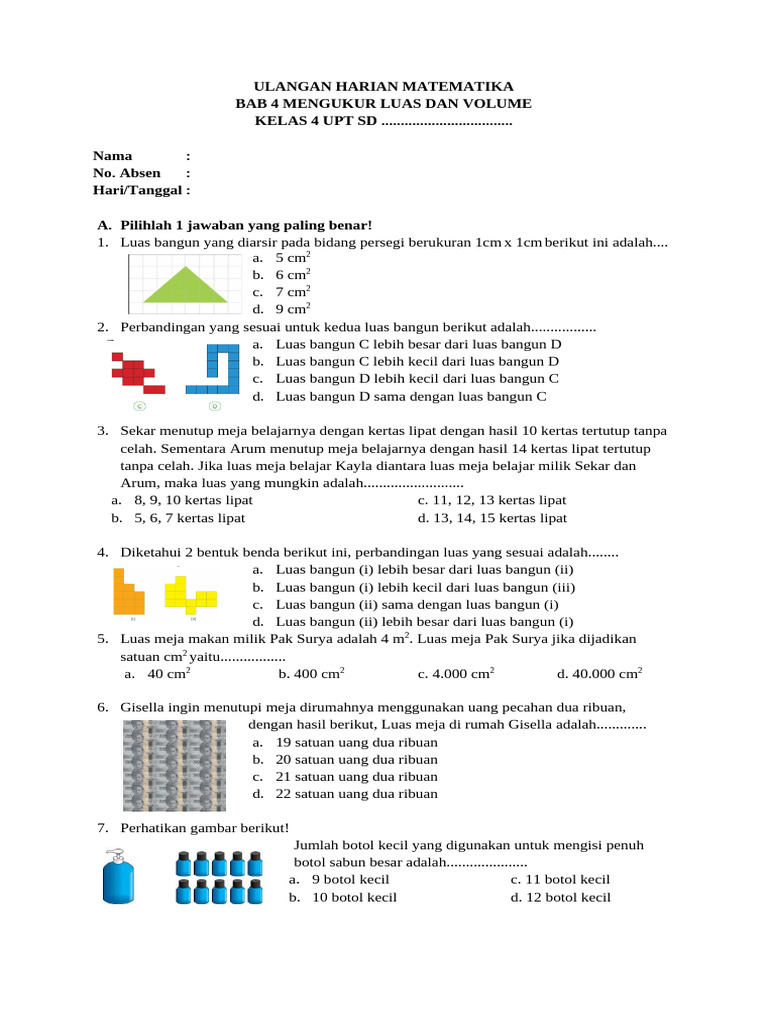 Sumatif Matematika Kelas 4 Mengenal Luas Dan Volume | PDF