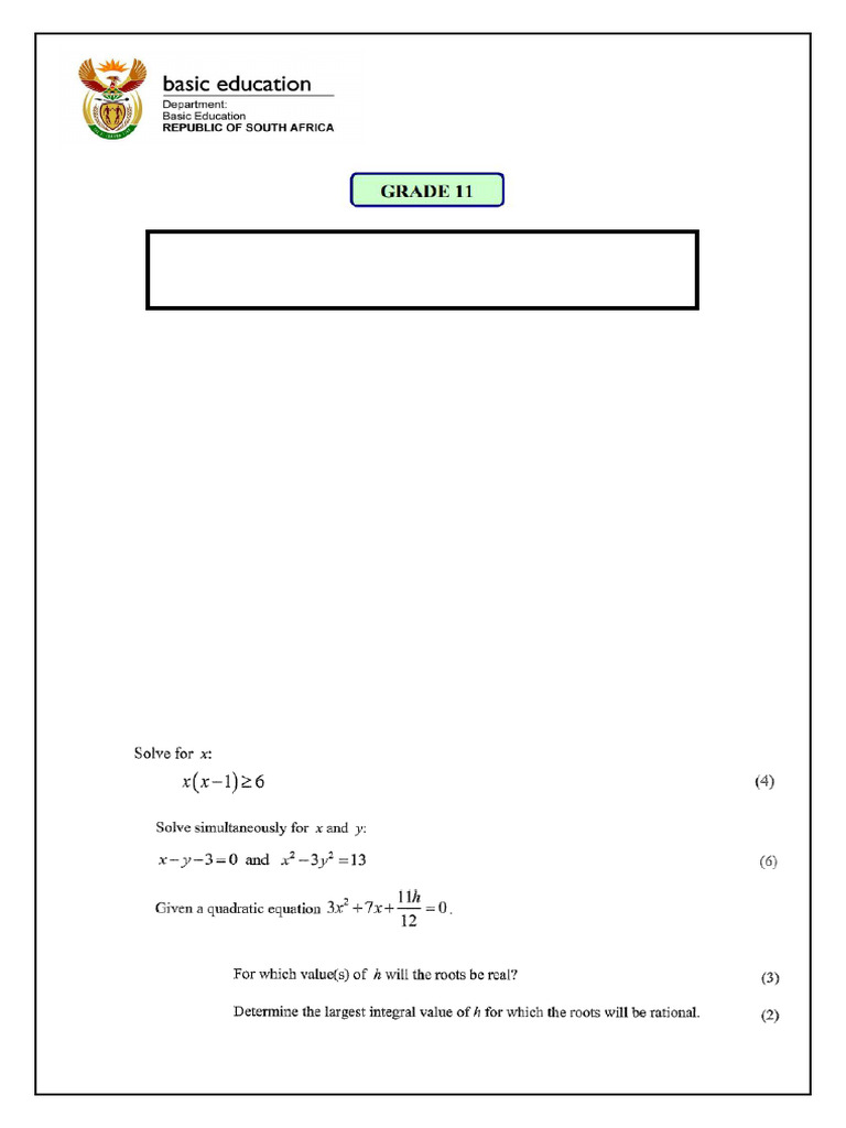Grade 11 Mathematics Topic Test 2026 | PDF