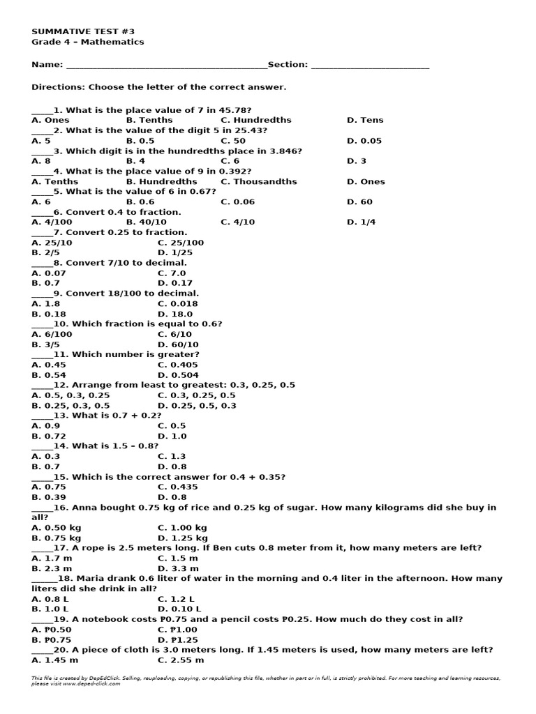 Mathematics Grade4 Summative Test English | PDF | Odds | Decimal