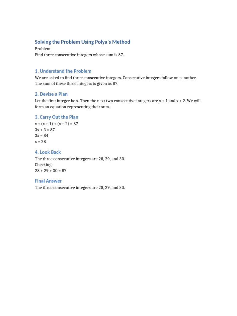 Three Consecutive Integers Sum 87 Polya Method | PDF