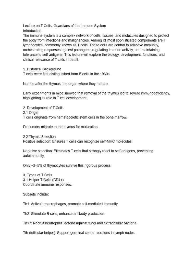 Lecture on T Cells- Guardians of the Immune System | PDF | T Cell ...