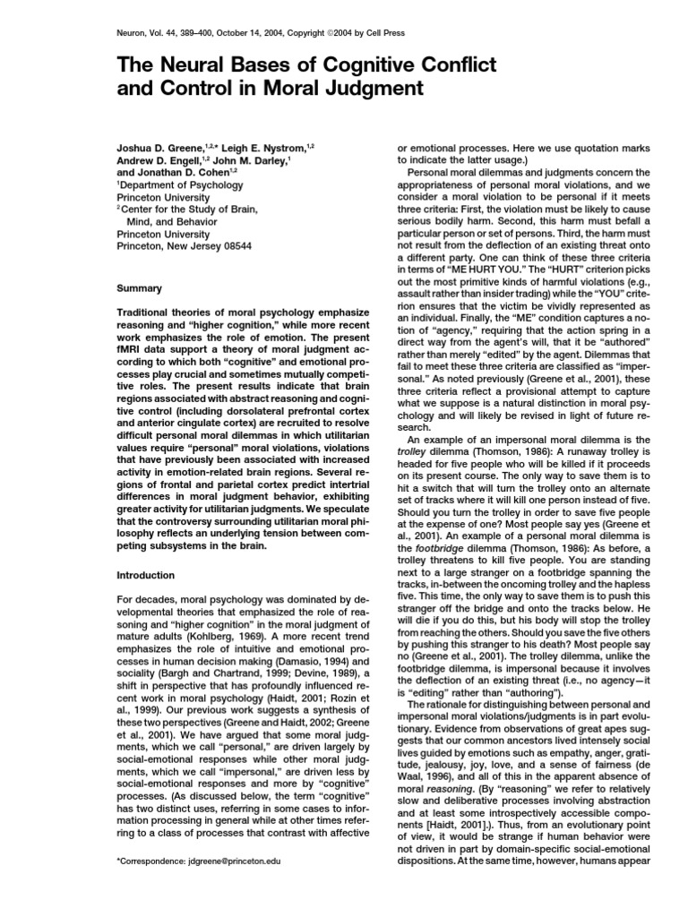 The Neural Bases of Cognitive Conflict and Control in Moral Judgment ...