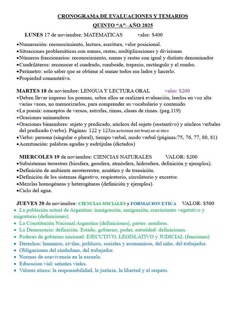 Cronograma de Evaluaciones y Temarios - Quinto A | PDF