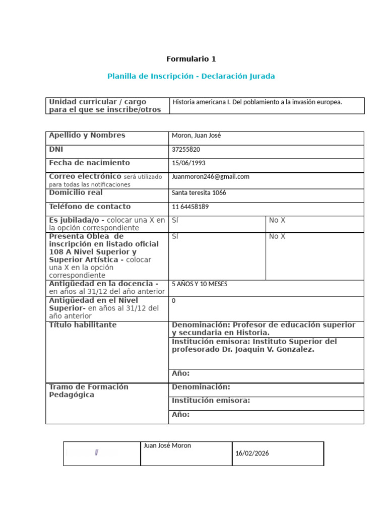 Anexo 9 Formulario 1 - Planilla de Inscripción - Declaración Jurada | PDF