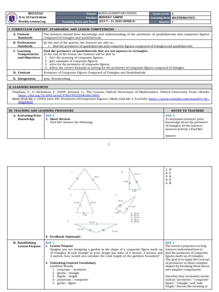 DLL Matatag - Math 4 q1 w4 | PDF | Shape | Length