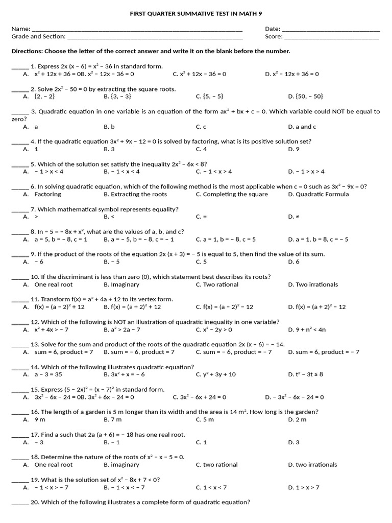 1st Quarter Summative Test Math 9 | PDF | Equations | Quadratic Equation