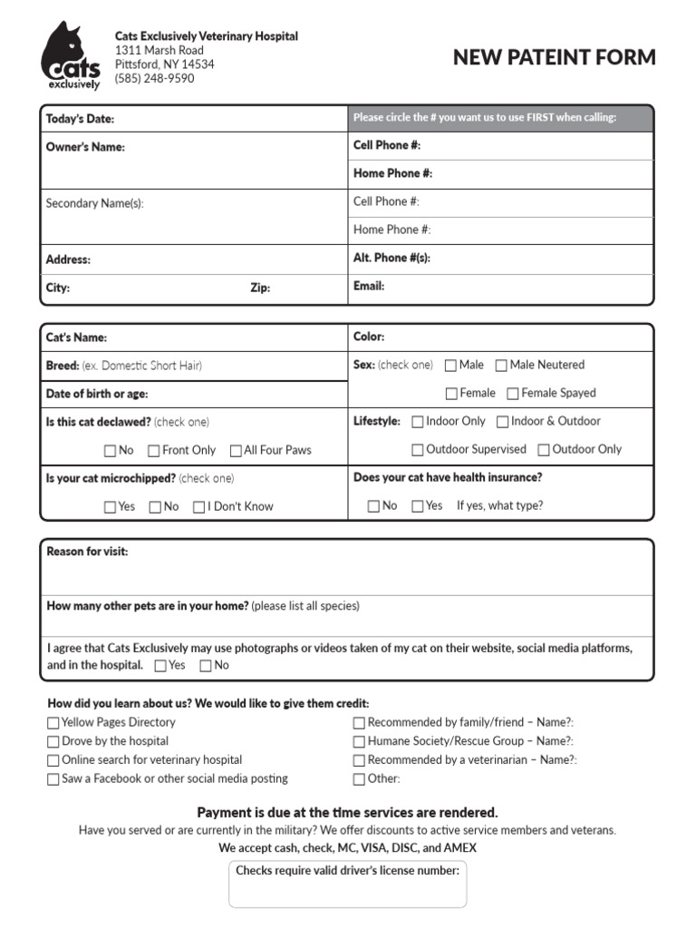 New Patient Form | PDF | Cats | Neutering