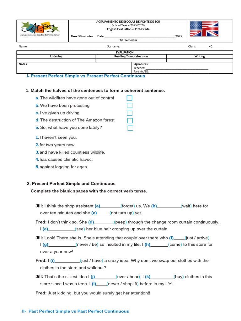 Grammar Test 1 - 11th Grade 2025 | PDF | Linguistics