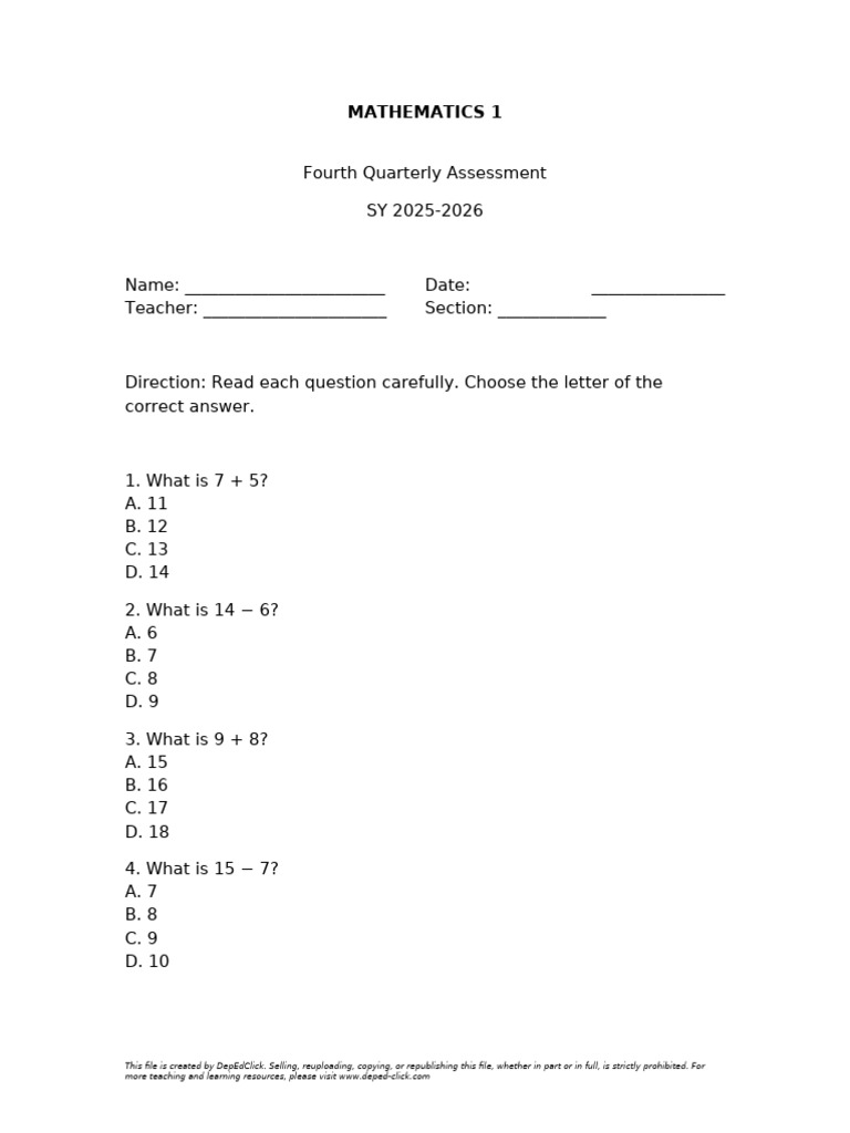 MATHEMATICS 1 Fourth Quarterly Assessment SY 2025-2026 DepEdClick | PDF ...